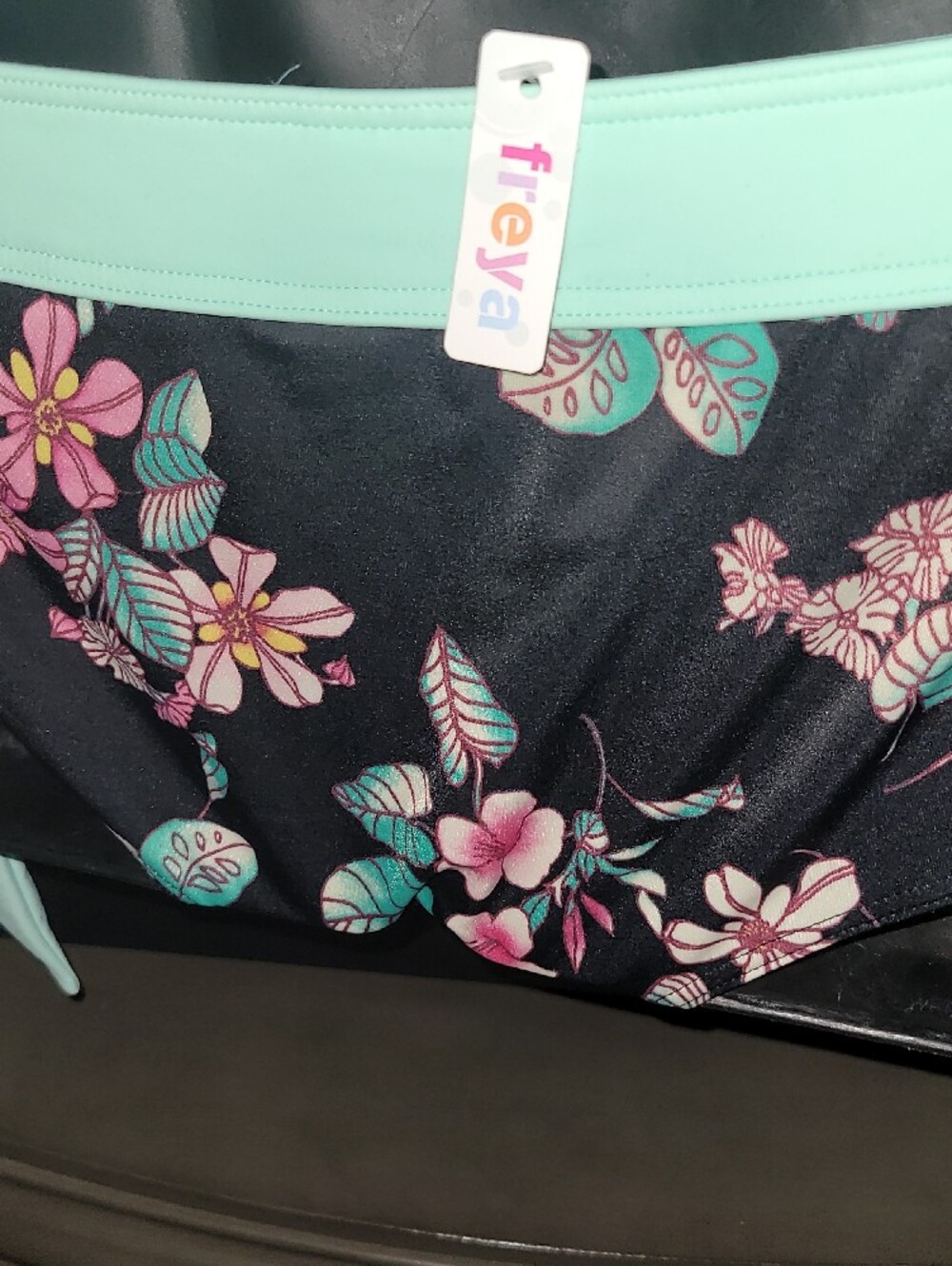 Freya Black Floral Bikini Bottom with Mint Waistband - Picture 5 of 5
